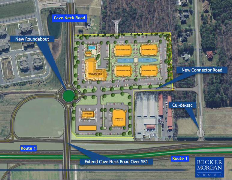 The site plan for the proposed project and grade-separated interchange includes residential and commercial development on a 15-acre parcel on the northwestern corner of the Cave Neck Road-Route 1 intersection. BECKER MORGAN GROUP GRAPHIC